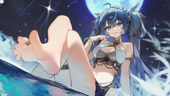 1girl ahoge bare_shoulders barefoot blue_eyes breasts cleavage commentary crossed_legs feet full_moon gold_bra hand_up highres iuno_(wuthering_waves) jewelry kurisu~tina large_breasts laurel_crown long_hair moon multicolored_hair navel parted_lips sitting smile solo stomach streaked_hair thighlet thighs toe_ring toes twintails wuthering_waves
