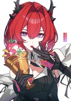 1girl absurdres arknights arknights:_endfield bare_shoulders black_dress black_gloves black_horns breasts cleavage commentary cup detached_collar dress english_commentary food food_in_mouth fruit gloves hair_between_eyes hair_intakes highres holding holding_cup horns ice_cream laevatain_(arknights) lemon lemon_slice leria_v long_hair looking_at_viewer medium_breasts purple_eyes red_hair simple_background solo surtr_(arknights) upper_body white_background