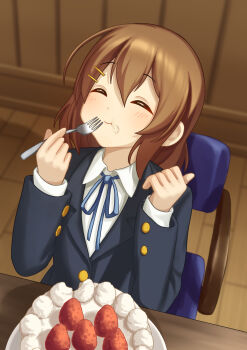 1girl blue_ribbon blush brown_eyes brown_hair cake chair closed_eyes closed_mouth cream dot_nose eating feet_out_of_frame female_focus floor food food_on_face fork fruit hair_between_eyes hair_ornament hairclip hirasawa_yui holding holding_fork holding_utensil ichiichigomino indoors jacket k-on! long_sleeves ribbon sakuragaoka_high_school_uniform shirt short_hair sitting solo strawberry_cake table utensil white_shirt