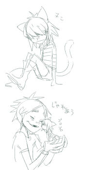 1boy 1girl 2d_(gorillaz) a-ka animal_ears boots cat_ears cat_tail chibi gorillaz long_image noodle_(gorillaz) simple_background tail tall_image translation_request white_background