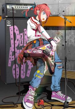 1girl amplifier aqua_eyes aqua_hair bandaid bandaid_on_arm bass_guitar blue_pants bracelet clothes_around_waist converse guitar highres instrument jewelry laika2slip microphone microphone_stand multicolored_nails music open_mouth original pants pink_hair playing_instrument ponytail purple_shoes shadow shirt shirt_around_waist shoes short_sleeves solo speaker stage sticker torn_clothes torn_pants