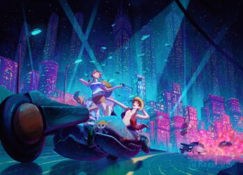 1girl 2025 2boys bag banknote black_hair building car city city_lights cityscape commentary devil_fruit_power driving elasticity english_commentary explosion extendable_limbs full_body green_hair hat holding holding_bag jolly_roger lamppost looking_up miniskirt money money_bag monkey_d._luffy motor_vehicle motorcycle multiple_boys nami_(one_piece) nami_(one_piece)_(east_blue) night one_piece open_clothes open_mouth open_vest orange_hair outdoors razel_v0 red_vest roronoa_zoro shirt short_hair skirt sky straw_hat straw_hat_pirates straw_hats_jolly_roger twitter_username v-neck vest white_shirt