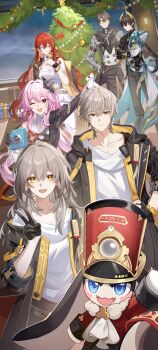 1other 3boys 3girls absurdres black_coat black_gloves caelus_(honkai:_star_rail) camera christmas_tree closed_eyes closed_mouth coat commentary dan_heng_(honkai:_star_rail) dan_heng_(permansor_terrae)_(honkai:_star_rail) dress dual_persona english_commentary evernight_(honkai:_star_rail) flower gloves grey_hair hair_between_eyes hair_flower hair_ornament hand_up highres himeko_(honkai:_star_rail) holding holding_camera honkai:_star_rail honkai_(series) long_hair long_sleeves looking_at_viewer march_7th_(honkai:_star_rail) multiple_boys multiple_girls official_art one_eye_closed open_clothes open_coat open_mouth pink_hair pom-pom_(honkai:_star_rail) red_eyes red_hair shirt smile stelle_(honkai:_star_rail) trailblazer_(honkai:_star_rail) v very_long_hair welt_yang white_dress white_shirt yellow_eyes