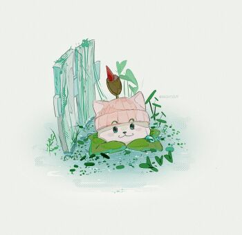 Rule 34 | :3, afloat, animal ears, animal nose, artist name, black eyes, cattail, cattail (plants vs. zombies), closed mouth, commentary, fence, film grain, grey background, halftone, halftone background, highres, hightguy, leaf, looking at viewer, no humans, plant, plants vs. zombies, simple background, solid oval eyes, solo, sparkle, straight-on, symbol-only commentary, vines, water drop, wooden fence