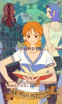 Rule 34 | 2024, 3girls, bangle, bellemere, blue hair, blush, book, bracelet, brown eyes, card (medium), collarbone, commentary request, english text, hand on own hip, highres, holding, holding book, jewelry, log pose, looking at viewer, looking back, mother and daughter, multiple girls, nami (one piece), nami (one piece) (east blue), nojiko (one piece), one piece, orange hair, orange skirt, ponytail, red hair, roman numeral, shirt, short hair, siyangou49, skirt, smile, t-shirt, tank top, tarot, tarot (medium), the high priestess (tarot), v-neck, watermark, yellow skirt