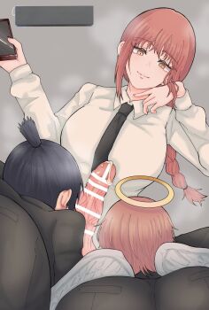 Rule 34 | 1futa, 2boys, angel devil (chainsaw man), ass, bar censor, black hair, black necktie, braid, braided ponytail, breasts, cellphone, censored, chainsaw man, closed mouth, commission, cooperative fellatio, erection, fellatio, femdom, formal clothes, from behind, futa with male, futa with male, futanari, halo, hayakawa aki, highres, holding, holding phone, large breasts, large penis, long hair, long sleeves, makima (chainsaw man), medium breasts, mmd threesome, multiple boys, necktie, oral, penis, phone, red hair, shirt, skeb commission, smartphone, smile, steaming body, suit, teamwork (sexual), threesome, white shirt, yuyumaru aikichi