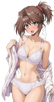 1girl bra breasts cameltoe character_request collarbone commentary_request copyright_request cowboy_shot elf_(stroll_in_the_woods) frilled_bra frilled_panties frilled_underwear frills hair_intakes head_tilt heart high_ponytail highres large_breasts medium_hair navel open_mouth panties ponytail see-through_clothes see-through_panties simple_background solo speech_bubble straight-on teeth thighs translated underwear undressing upper_body upper_teeth_only white_background white_bra white_panties
