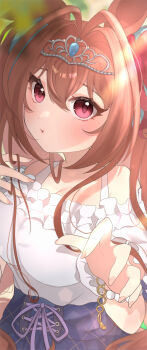 1girl absurdres animal_ears bare_shoulders blue_skirt blush bracelet breasts brown_hair casual commentary daiwa_scarlet_(casual)_(umamusume) daiwa_scarlet_(umamusume) fang frilled_shirt frills hair_between_eyes hair_intakes highres horse_ears horse_girl jewelry kurumiya_(krmy_p) large_breasts long_hair looking_at_viewer off-shoulder_shirt off_shoulder pearl_bracelet plaid_clothes plaid_skirt red_eyes shirt skin_fang skirt solo tiara twintails umamusume very_long_hair white_shirt