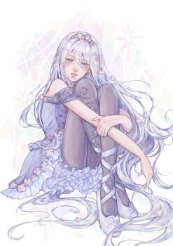 Rule 34 | 1girl, absurdly long hair, ankle lace-up, atkorii, bare shoulders, blue eyes, closed mouth, commentary, double-parted bangs, dress, fingernails, flower, full body, gold tiara, grey pantyhose, hair between eyes, hair flower, hair ornament, hand on own arm, highres, knees up, light blush, lips, long hair, looking at viewer, nose, off-shoulder dress, off shoulder, official alternate costume, official alternate hair ornament, pantyhose, petticoat, project sekai, realistic, samenai gensou wo nokku shite (project sekai), shoes, smile, solo, standing, tiara, twitter username, very long hair, white shoes, yoisaki kanade