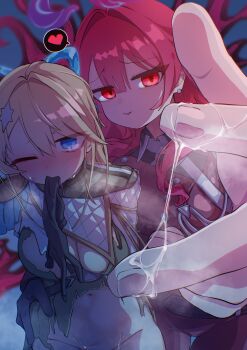 2girls absurdres after_fingering blonde_hair blue_eyes blush breasts c_civciv commentary_request dark_persona duel_monster exosister_elis exosister_karmael exosister_martha exosister_mikailis glove_in_mouth gloves heart hexagon_hair_ornament highres large_breasts long_hair military_uniform mouth_hold multiple_girls navel one_eye_closed pussy_juice pussy_juice_on_fingers red_eyes red_hair spoken_heart torn_clothes yu-gi-oh! yuri