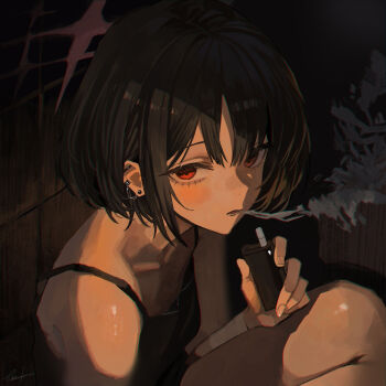 1girl absurdres black_hair black_tank_top blue_archive blush breasts ear_piercing hair_between_eyes halo highres holding_electronic_cigarette looking_at_viewer maria_(maria_rose) misaki_(blue_archive) open_mouth piercing red_eyes red_halo short_hair sidelocks small_breasts smoke_from_mouth solo tank_top vaping