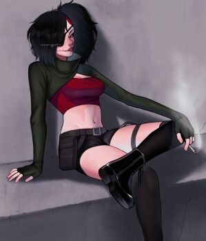 1girl against_wall ankle_boots arm_at_side arm_support artist_name asymmetrical_bangs asymmetrical_hair belt between_fingers black_boots black_hair black_shorts black_thighhighs blue_eyes blush boots breasts brown_belt brown_lips cigarette cleavage cleavage_cutout clothing_cutout commentary_request creepypasta day eyepatch fingerless_gloves fingernails foot_out_of_frame gloved_sleeves gloves green_shirt grey_background hair_over_one_eye hand_on_own_knee high_side_ponytail highres holding holding_cigarette lips long_sleeves medium_breasts midriff multicolored_hair navel nina_the_killer one_eye_covered outdoors parted_lips red_hair red_shirt shadow shirt short_shorts shorts side_ponytail simple_background sitting smoke solo stitched_mouth stitches streaked_hair teeth thigh_strap thighhighs turtleneck turtleneck_shirt two-tone_hair unimagurooo v-shaped_eyebrows