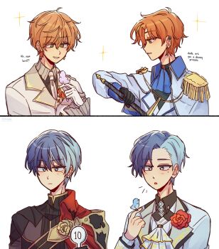 2boys :o aoyagi_touya ascot bird black_gloves blonde_hair blue_ascot blue_hair clenched_teeth closed_mouth collared_shirt commentary curtained_hair earrings english_commentary english_text eyes_visible_through_hair flower funsai_seyo!_unvalentine_no_fukushuu_(project_sekai) gloves green_eyes hair_between_eyes hand_up highres holding holding_sword holding_weapon jewelry junpaku_no_anata_e_chikai_no_uta_wo!_(project_sekai) kaitou_shinshi_no_harahara!?_white_day_(project_sekai) lapels long_sleeves male_focus mole mole_under_eye multicolored_hair multiple_boys multiple_views necktie never_give_up_cooking!_(project_sekai) notched_lapels notice_lines official_alternate_costume official_alternate_hairstyle orange_hair parted_hair parted_lips profile project_sekai red_flower shinonome_akito shirt short_hair simple_background smile split-color_hair streaked_hair sword teeth toastyy two-tone_hair weapon white_background white_gloves