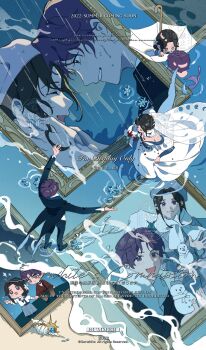 absurdres chibi dress dress_shirt evening_gown flat_color happy head_tilt highres hug multiple_views ocean open_mouth rain shirt snow umbrella waves wedding_dress xiabai