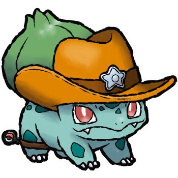 Rule 34 | animal focus, bright pupils, brown hat, bud, bulbasaur, closed mouth, clothed pokemon, commentary, commission, cowboy hat, english commentary, fangs, full body, gen 1 pokemon, hat, hat ornament, nintendo, no humans, nostrils, pokemon, pokemon (creature), pokemon focus, poltartgeist, red eyes, second-party source, smile, solo, star (symbol), star hat ornament, transparent background, white pupils