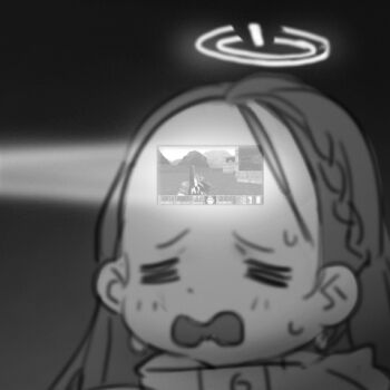 1girl =_= animated animated_gif blue_archive blush braid chinese_commentary commentary_request doom_(series) doom_i forehead frown gradient_background greyscale halo inset it_runs_doom_(meme) large_forehead long_hair lowres meme monochrome nemo_(leafnight) nervous_sweating open_mouth peanut_mouth portrait projector side_braid solo sweat yuzu_(blue_archive)