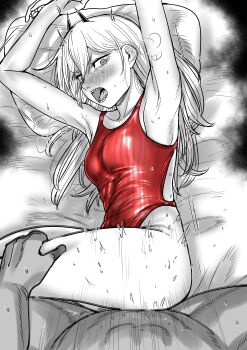 1boy 1girl absurdres armpits arms_up blush breasts chainsaw_man competition_swimsuit cross-shaped_pupils demon_girl demon_horns greyscale hand_on_another's_leg head_on_pillow hetero highres horns kaiman_garupan long_hair looking_at_viewer lying monochrome motion_lines nose_blush on_bed on_side one-piece_swimsuit open_mouth pillow pov power_(chainsaw_man) red_one-piece_swimsuit sex sharp_teeth small_breasts spot_color steaming_body sweat swimsuit symbol-shaped_pupils teeth