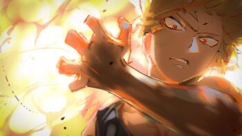 Rule 34 | 1boy, akiyama youkou, bakugou katsuki, blonde hair, boku no hero academia, chromatic aberration, colored lineart, commentary, downturned eyes, dust, explosion, film grain, floating hair, hand up, head tilt, highres, looking at viewer, male focus, official artist extra, parted lips, portrait, red eyes, sanpaku, short hair, solo, spiked hair, tsurime, v-shaped eyebrows