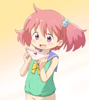 1girl borrowed_character bottomless bow bow_panties fang green_shirt hair_bobbles hair_ornament holding holding_panties holding_underwear holding_unworn_clothes like_and_redraw_challenge loli long_hair open_mouth original out-of-frame_censoring panties pepi-ko pink_eyes pink_hair pink_panties shirt sleeveless sleeveless_shirt smile solo twintails underwear unworn_panties upper_body zatsu_(zasshu_neko)
