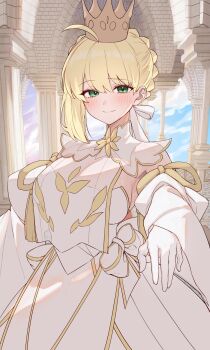 1girl ahoge artoria_pendragon_(fate) bare_shoulders blonde_hair blush bow breasts cleavage commentary_request crown detached_sleeves dress fate/grand_order fate_(series) gloves gnu36 green_eyes hair_bow highres large_breasts looking_at_viewer lord_logres_(fate) lord_logres_(second_ascension)_(fate) short_hair smile unfinished white_dress white_gloves