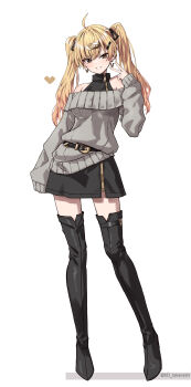 1girl ahoge bare_shoulders belt black_boots black_gold_bunny_(takanashi_kei) black_skirt blonde_hair boots brown_eyes commentary_request full_body grey_sweater hair_ornament hairclip heart highres letter_earrings looking_at_viewer off-shoulder_sweater off_shoulder original simple_background skirt smile solo standing sweater takanashi_kei_(hitsujikan) thigh_boots twintails twitter_username v white_background zipper_skirt