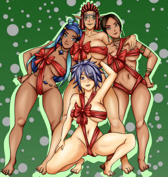 4girls ashelin_praxis breasts christmas crossover dark-skinned_female dark_skin highres jak_&amp;_daxter jak_and_daxter jak_ii large_breasts multiple_girls naked_ribbon nessa_(pokemon) nintendo pokemon pokemon_swsh resident_evil resident_evil_5 ribbon sheena_fujibayashi sheva_alomar tales_of_(series) tales_of_symphonia