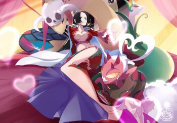 1girl black_hair boa_hancock breasts cape cleavage closed_mouth commentary crossover earrings enamorus enamorus_(incarnate) english_commentary epaulettes gen_3_pokemon gen_5_pokemon hat_ornament heart highres hood hooded_cape jewelry kuja_pirates_jolly_roger long_hair long_sleeves milotic nintendo one_piece plunging_neckline pokemon pokemon_(creature) red_shirt red_shoes red_skirt serperior shirt shoes side_slit sidelocks skirt skull_hat_ornament snake_earrings startboii watermark