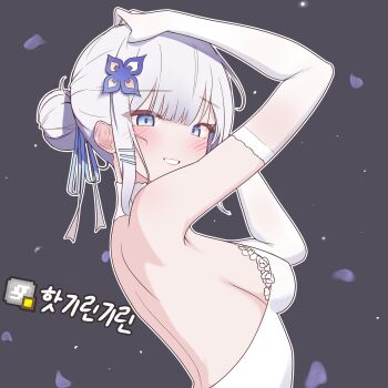 1girl arm_up backless_dress backless_outfit bare_back blue_eyes blue_petals blush breasts commentary dress elbow_gloves from_side gloves gosegu grey_background hair_bun hair_ornament hairclip highres korean_commentary looking_at_viewer medium_breasts parallel_hairclips petals rapid17 short_hair sideboob single_hair_bun smile solo translation_request upper_body virtual_youtuber waktaverse white_dress white_gloves white_hair wispy_bangs