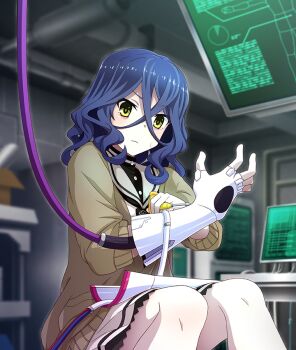 Rule 34 | 1girl, ayanokouji martial arts school uniform, bags under eyes, blue hair, box, brown cardigan, cable, cardboard box, cardigan, closed mouth, computer, fingerless gloves, game cg, gloves, green eyes, grey sailor collar, hair between eyes, haji keiko, hand up, holding, holding screwdriver, indoors, industrial pipe, laboratory, medium hair, monitor, official art, open cardigan, open clothes, pale skin, sailor collar, school uniform, screwdriver, serafuku, shirt, single glove, sitting, skirt, small sweatdrop, solo, third-party source, toji no miko, toji no miko: kizamishi issen no tomoshibi, wavy hair, white gloves, white serafuku, white shirt, white skirt