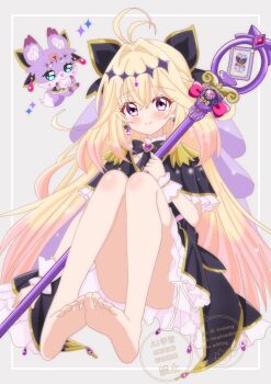 1girl barefoot black_bow black_dress blonde_hair blush bow commentary_request cure_arcana_shadow dress earrings highres holding holding_staff jewelry long_hair magical_girl mashu-tan meitantei_precure! moria_luluka precure purple_eyes simple_background sitting smile solo staff watermark yu_kawara025