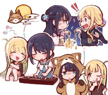 Rule 34 | !, 2girls, :<, :d, ;q, animal costume, black kimono, black shirt, blonde hair, blue hair, blue skirt, chibi, chibi only, cho kaguya-hime!, closed eyes, commentary request, fox, fox costume, green eyes, hair bun, henyomen, holding, holding fireworks, hood, hood up, instrument, japanese clothes, kaguya (cho kaguya-hime!), keyboard (instrument), kimono, long hair, looking at another, moon, multiple girls, multiple views, musical note, one eye closed, open mouth, profile, sailor collar, sakayori iroha, school uniform, serafuku, shirt, short hair, single hair bun, sitting, skirt, smile, sparkle, surprised, tongue, tongue out, white background, white shirt