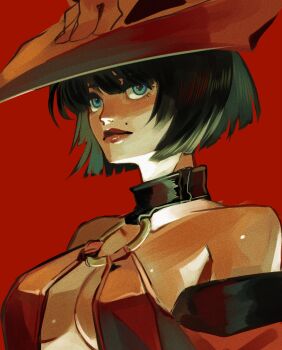 1girl absurdres bare_shoulders black_choker black_hair blue_eyes borcheim breasts choker cowboy_shot dress guilty_gear guilty_gear_xrd hashtag-only_commentary hat highres i-no large_breasts mole mole_above_mouth o-ring o-ring_top red_background red_hat short_hair simple_background solo witch_hat