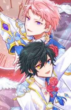 Rule 34 | 2boys, beads, blue eyes, commentary request, ensemble stars!, flower, green hair, hair between eyes, hand up, heterochromia, highres, itsuki shu, kagehira mika, koyagi (cygmilk), long sleeves, male focus, multiple boys, official alternate costume, open mouth, pink hair, purple eyes, red flower, red rose, rewinds (ensemble stars!), roman numeral, rose, short bangs, short hair, upper body, valkyrie (ensemble stars!)