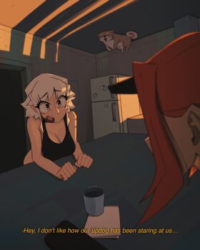 2girls animal black_tank_top breasts cleavage commentary cup dog english_commentary english_text grawlix_(shibansfw) grey_eyes grey_hair highres indoors large_breasts localized_gravity looking_at_another medium_hair meme multiple_girls open_mouth orange_hair original refrigerator shibansfw short_hair sidelocks smile table talking tank_top updog_(meme)