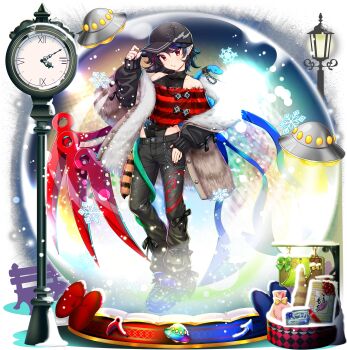 1girl alternate_costume analog_clock asymmetrical_wings black_hat black_leotard black_pants blue_snake blue_wings brown_jacket clock closed_mouth ear_piercing game_cg hand_on_headwear hat highres houjuu_nue in_snow_globe jacket lamppost leotard looking_at_viewer official_art open_clothes open_jacket pants piercing pointy_ears purple_shoes red_nails red_wings roman_numeral rotte_(1109) shoes snake solo third-party_source touhou touhou_lostword translation_request transparent_background ufo wings