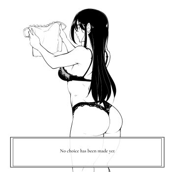 1girl absurdres ass bra camisole cowboy_shot dialogue_box english_text from_behind greyscale highres holding holding_unworn_clothes long_hair monochrome nisego original panties solo straight_hair underwear underwear_only unworn_camisole