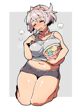 1girl black_shorts blush breasts breath choppy_bangs closed_eyes collar eating elphelt_valentine food full_body grey_background grey_hair grey_tank_top guilty_gear guilty_gear_strive hairband highres holding holding_food holding_ice_cream holding_spoon ice_cream itsuka_neru large_breasts navel open_mouth outie_navel pink_collar pink_hairband plump short_hair short_shorts shorts solo spiked_collar spiked_hairband spikes spoon sweat tank_top thighs