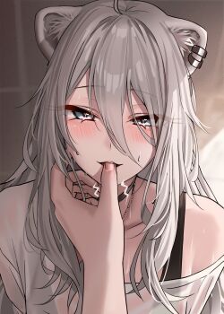 1girl 1other absurdres ahoge animal_ear_piercing animal_ears black_choker bra_strap choker commentary_request double-parted_bangs finger_in_another&#039;s_mouth grey_eyes grey_hair hair_between_eyes highres hololive jewelry lion_ears lion_girl long_hair long_hair_between_eyes looking_at_viewer necklace official_alternate_costume official_alternate_hairstyle open_mouth pov pov_hands shirt shishiro_botan shishiro_botan_(midnight_convenience_store) sidelocks single_off_shoulder virtual_youtuber wanne white_shirt