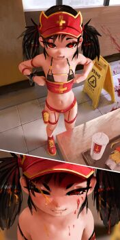 1girl black_hair blood blood_splatter breasts clothing_request cup dagger_(fiz-rot) drink eyebrows_hidden_by_hair fang female_focus fiz-rot food french_fries half-closed_eyes highres indoors loli looking_at_viewer lower_teeth_only navel one_eye_closed original parted_lips restaurant sauce small_breasts standing stomach suggestive_fluid teeth tile_floor tiles twintails wet_floor_sign