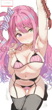 1girl absurdres arm_up armpits black_garter_belt black_garter_straps black_thighhighs blush bra breasts candy_hair_ornament closed_mouth collarbone crescent crescent_necklace food-themed_hair_ornament garter_belt garter_straps green_eyes hair_ornament hair_rings heterochromia highres himemori_luna hololive jewelry large_breasts long_hair looking_to_the_side marshmallow_(site) navel necklace panties pink_bra pink_eyes pink_hair pink_panties simple_background single_hair_ring solo stomach tazrn1 thighhighs thighs underwear virtual_youtuber white_background