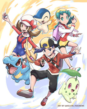 Rule 34 | 1boy, 2girls, :d, backwards hat, bike shorts, black pants, blue overalls, bow, brown eyes, brown hair, chikorita, commentary, cyndaquil, ethan (pokemon), gen 2 pokemon, green eyes, green hair, hat, hat bow, highres, holding, holding poke ball, jacket, kelvin-trainerk, kris (pokemon), lure ball, lyra (pokemon), multiple girls, nintendo, open clothes, open jacket, open mouth, overalls, pants, poke ball, pokemon, pokemon (creature), pokemon hgss, red bow, red jacket, red shirt, shirt, shoes, smile, teeth, thighhighs, totodile, twintails, twitter username, ultra ball, upper teeth only, watermark, white hat, white jacket, yellow hat
