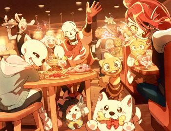 4girls 6+boys absurdres anniversary annoying_dog armor arthropod_girl asgore_dreemurr black_shirt blue_jacket character_request closed_eyes coat denim dog donut drink fins food grin hand_up head_fins highres insect_girl jacket jeans looking_at_viewer mettaton mettaton_ex monster_kid_(undertale) muffet multiple_boys multiple_girls napstablook one_eye_closed open_mouth pants papyrus_(undertale) pasta red_hair red_scarf robot sans_(undertale) scarf shirt sitting skeleton smile soto_undertale spider_girl table teeth temmie undertale undyne upper_teeth_only utdr_(toby_fox) waving white_armor white_coat