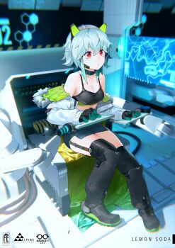 Rule 34 | 1girl, 3d background, :|, artist name, bare shoulders, black boots, black gloves, black skirt, blender (medium), blurry, blurry background, boots, bra, cable, chair, character name, choker, clip studio paint (medium), closed mouth, collarbone, commentary request, computer keyboard, expressionless, garter straps, gloves, green hair, hair between eyes, headset, highres, jacket, long sleeves, looking away, machinery, mechanical ears, miniskirt, off shoulder, original, patipat asavasena, procreate (medium), red eyes, screen, short hair, sidelocks, sitting, skirt, solo, thai commentary, thigh boots, thighhighs, underwear, white jacket