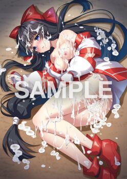 1girl ainu_clothes ass black_hair blue_eyes blush breasts breasts_out bukkake censored cum cum_in_ass cum_in_pussy cum_on_ass cum_on_body cum_on_breasts cum_on_upper_body facial fingerless_gloves gloves hair_ribbon highres large_breasts legs long_hair lying nakoruru nipples on_side open_mouth parted_lips pussy ribbon samurai_spirits snk solo tears the_king_of_fighters thighs very_long_hair watermark