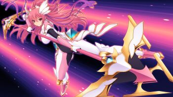 1girl armor armored_boots bodysuit boots breasts closed_mouth dual_wielding en_ciel_rena en_ciel_rena_(aegis) faulds fighting_stance floating_hair full_body game_cg gauntlets gloves hair_between_eyes hair_ornament hair_ribbon halberd holding holding_weapon kourin_tenshi_en_ciel_rena large_breasts large_variant_set long_hair looking_at_viewer magical_girl non-web_source official_art pink_eyes pink_hair polearm purple_ribbon ribbon saitou_natsuki serious solo spear suhamaya tomoe_rena variant_set weapon white_bodysuit white_gloves