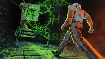 Rule 34 | 1boy, animal ears, arm tattoo, benii21, blonde hair, chain, commission, dreadlocks, green eyes, highres, magic circle, meme, muscular, muscular male, oh? you're approaching me? (meme), original, pants, rabbit ears, robot, shirt, short hair, short sleeves, slit pupils, tattoo, walking, white shirt