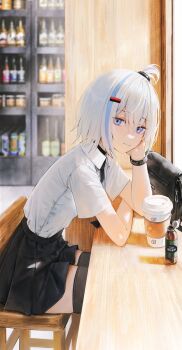 1girl absurdres bag black_bag black_choker black_necktie black_skirt black_thighhighs blue_hair chair choker closed_mouth commentary cup disposable_cup flippy_(cripine111) grey_hair hair_ornament hairclip highres indoors looking_at_viewer multicolored_hair necktie on_chair one_side_up original shirt shirt_tucked_in sitting skirt smile solo streaked_hair table thighhighs white_shirt wooden_chair wooden_table