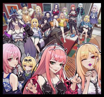 6+girls :3 :d :o absurdres albedo_(overlord) alternate_costume arm_under_breasts arms_behind_head bare_legs barefoot black_bow black_choker black_hair black_jacket black_nails black_necktie black_pantyhose blonde_hair blowing_bubble_gum blue_dress blue_hoodie blue_skirt blue_tank_top bow braid breasts by.qlp candy chainsaw_man character_request chewing_gum chinese_commentary choker claw_pose commentary_request contrapposto copyright_request couch crossed_arms crossed_legs crossover cup darling_in_the_franxx denim denim_shorts dress drinking_straw fate_(series) feet_on_table fishnet_pantyhose fishnets food gradient_hair green_eyes green_hair grey_eyes grey_pants guilty_crown hair_between_eyes hair_ornament hairband hands_in_pockets hat highleg highleg_panties highres holding holding_candy holding_cup holding_food holding_lollipop hood hoodie horns indoors jacket jeans kamado_nezuko kimetsu_no_yaiba kitagawa_marin lollipop long_hair looking_at_viewer makima_(chainsaw_man) medium_hair medusa_(fate) medusa_(rider)_(fate) midriff midriff_peek multicolored_hair multiple_crossover multiple_girls necktie on_couch one_eye_closed open_clothes open_jacket open_mouth orange_eyes overlord_(maruyama) oversized_clothes oversized_shirt panties pants pantyhose parted_hair pink_eyes pink_hair pink_nails pleated_skirt ponytail power_(chainsaw_man) princess_bonnibel_bubblegum purple_hair red_eyes red_hair red_horns red_nails sakurajima_mai seishun_buta_yarou shirt shoes shorts skirt smile sneakers sono_bisque_doll_wa_koi_wo_suru spread_legs strapless tank_top teeth tube_top twintails two-tone_hair underboob underwear upper_teeth_only very_long_hair white_hair white_hairband white_horns white_shirt white_tube_top x_hair_ornament yellow_eyes yellow_shirt yuzuriha_inori zero_two_(darling_in_the_franxx)