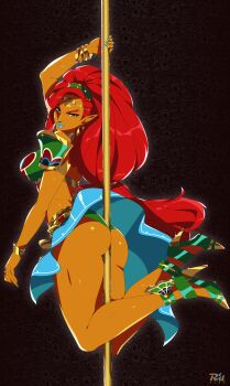 1girl absurdres armor artist_logo artist_name ass between_buttocks big_hair blue_lips blue_nails blue_skirt bracelet circlet closed_mouth commentary dark-skinned_female dark_skin english_commentary floating_clothes from_side full_body gerudo glint gold_bracelet gold_choker gold_circlet green_eyes high_heels highres holding holding_pole jewelry light_smile logo long_hair looking_at_viewer mixed-language_commentary nintendo pointy_ears pole pole_dancing r3dfive red_hair shoulder_armor simple_background skirt solo strappy_heels stripper_pole the_legend_of_zelda the_legend_of_zelda:_breath_of_the_wild thighs urbosa v-shaped_eyebrows