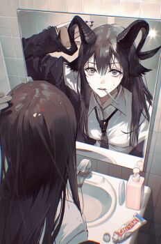 1girl absurdres bathroom black_eyes black_nails blazer breasts brown_hair chyan_0012 commentary different_reflection dress_shirt fingernails hand_up highres horizontal_pupils horns jacket long_fingernails medium_breasts mirror necktie original reflection shirt sink soap_dispenser solo sweatdrop symbol-only_commentary toothbrush toothbrush_in_mouth toothpaste
